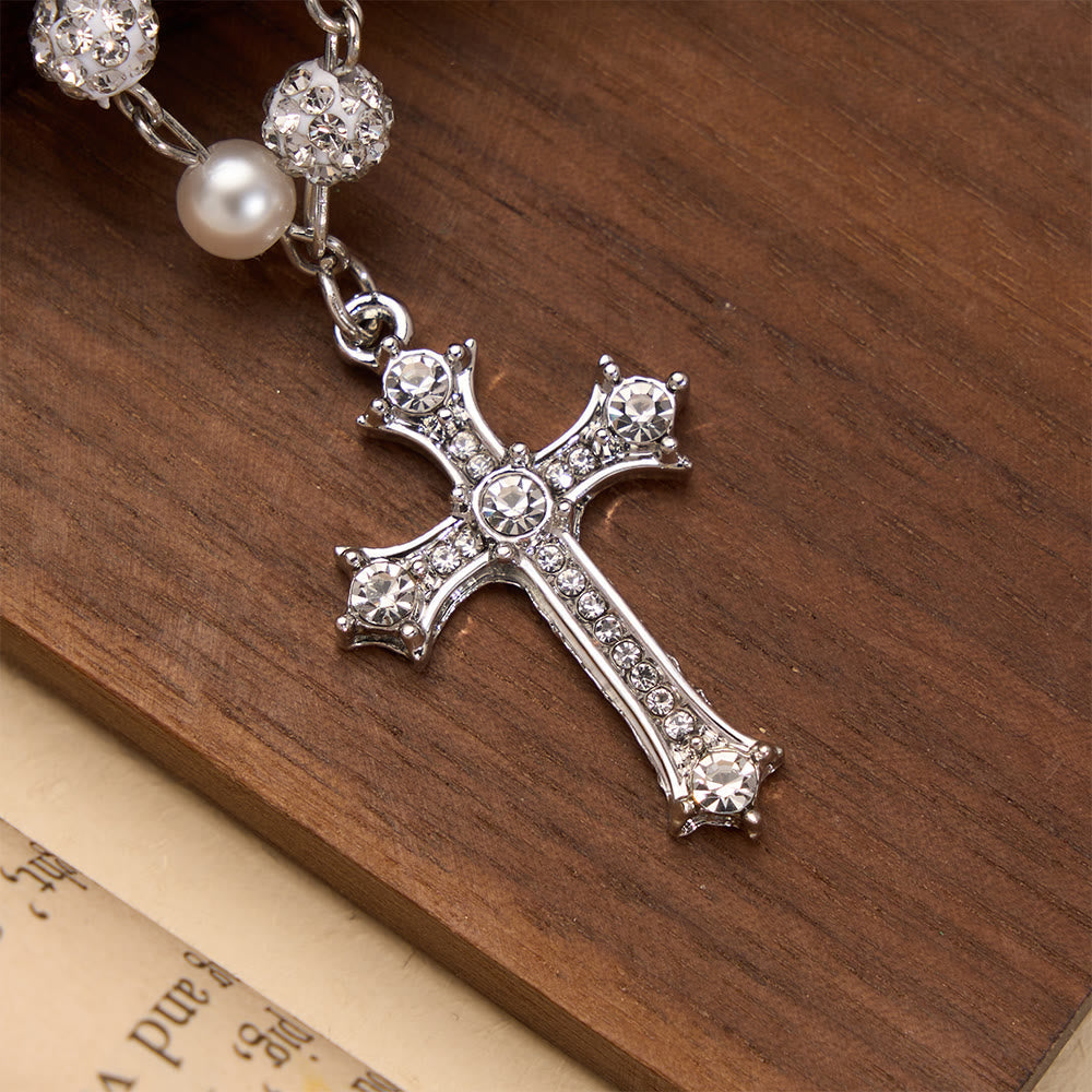 Alternating Pearl & Pave Crystal Bead Rosary-Style Cross Necklace: A Symbol of Sacred Devotion