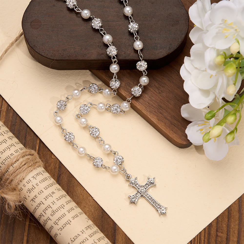 Alternating Pearl & Pave Crystal Bead Rosary-Style Cross Necklace: A Symbol of Sacred Devotion