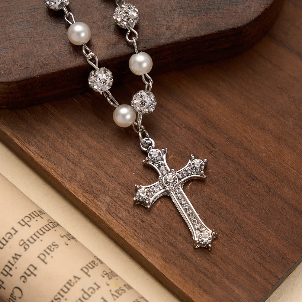 Alternating Pearl & Pave Crystal Bead Rosary-Style Cross Necklace: A Symbol of Sacred Devotion