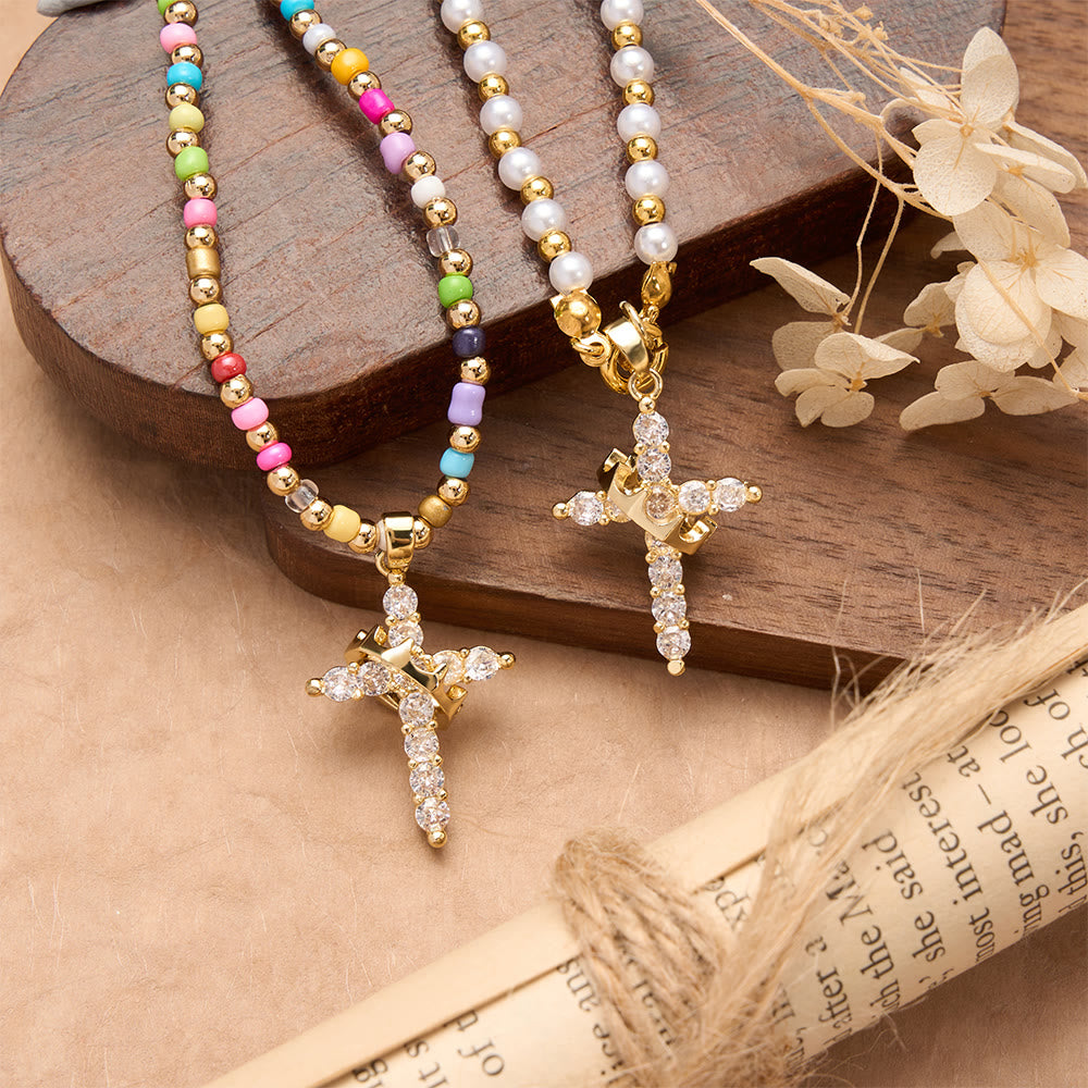 Two-Style Beaded Cross Necklace with Full-Pavé Zircon Crown Cross Pendant: A Symbol of Royal Divine Grace