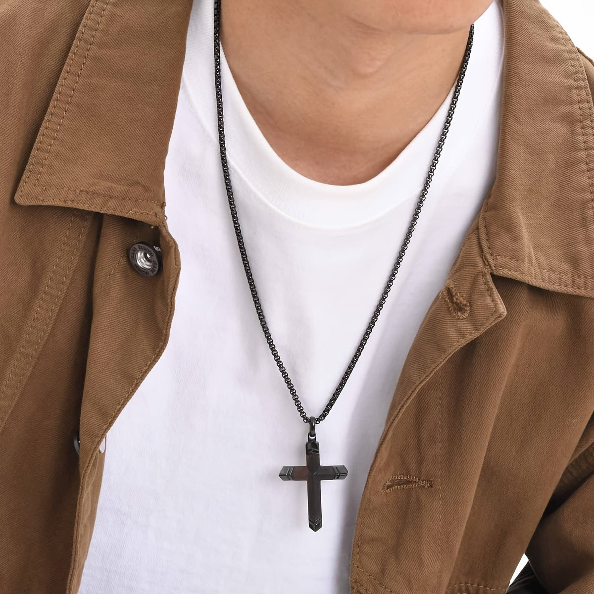 Two-Tone Stainless Steel Inlaid Solid Wood Cross Pendant Box Chain Necklace