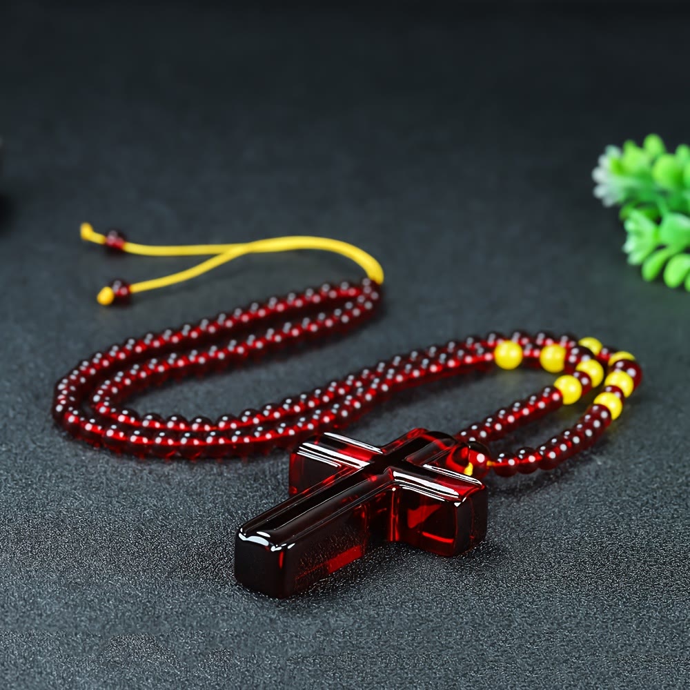 Solid Glossy Resin Amber-Style Cross Pendant with Alternate Bead Adjustable Cord Necklace