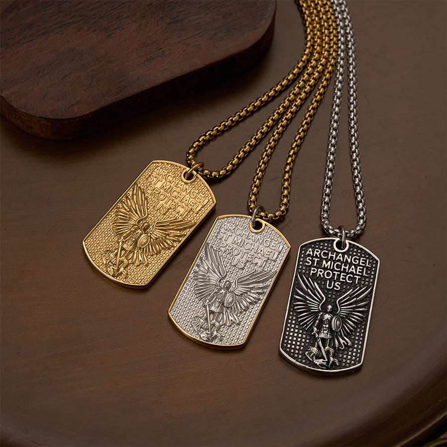 Dual-Side Engraved Archangel St.Michael Dog Tag Box Chain Necklace: An Emblem of Brave Sacred Devotion
