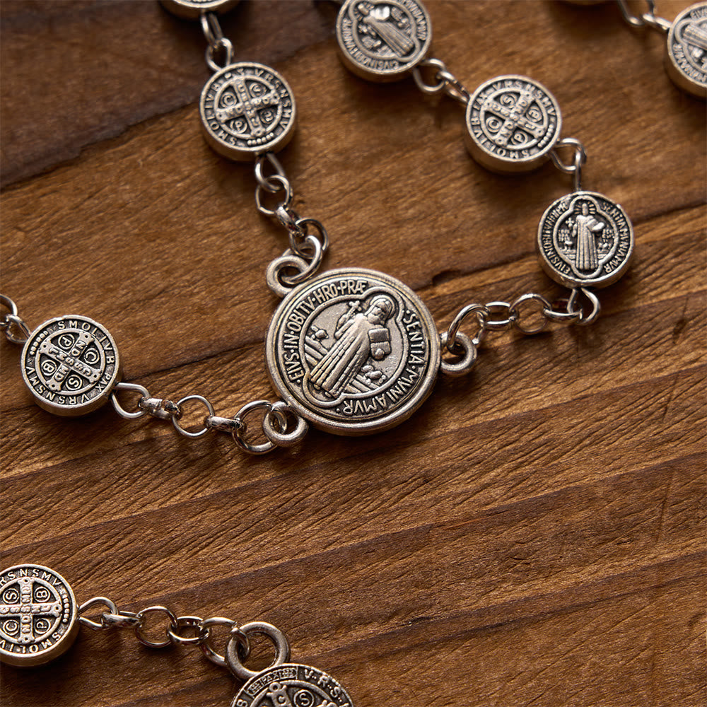 Antique Silver Double-Sided St.Benedict Round Medal Rosary with Combined Medal Cross