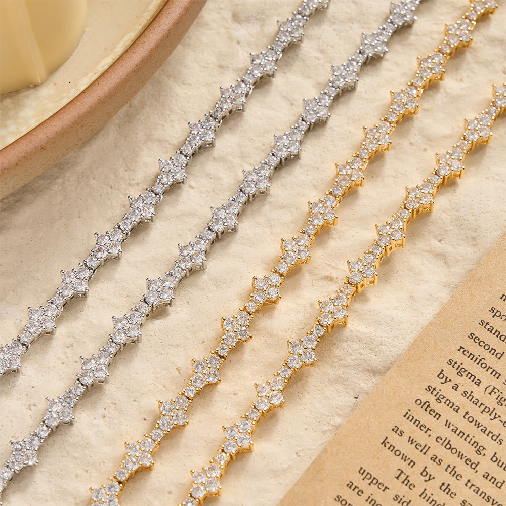 Cluster Paved Zircon Star-Shaped Cross Link Bracelet & Single Strand Necklace