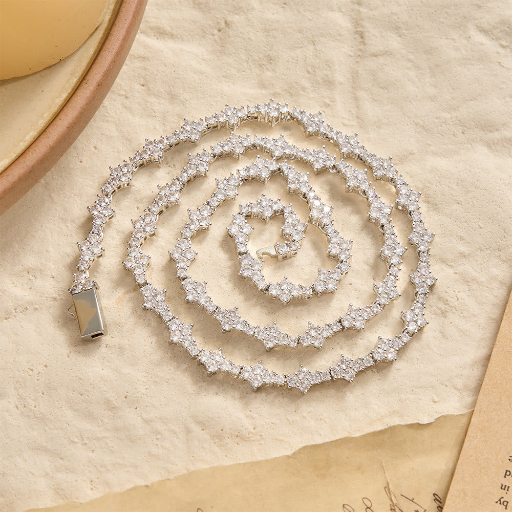 Cluster Paved Zircon Star-Shaped Cross Link Bracelet & Single Strand Necklace