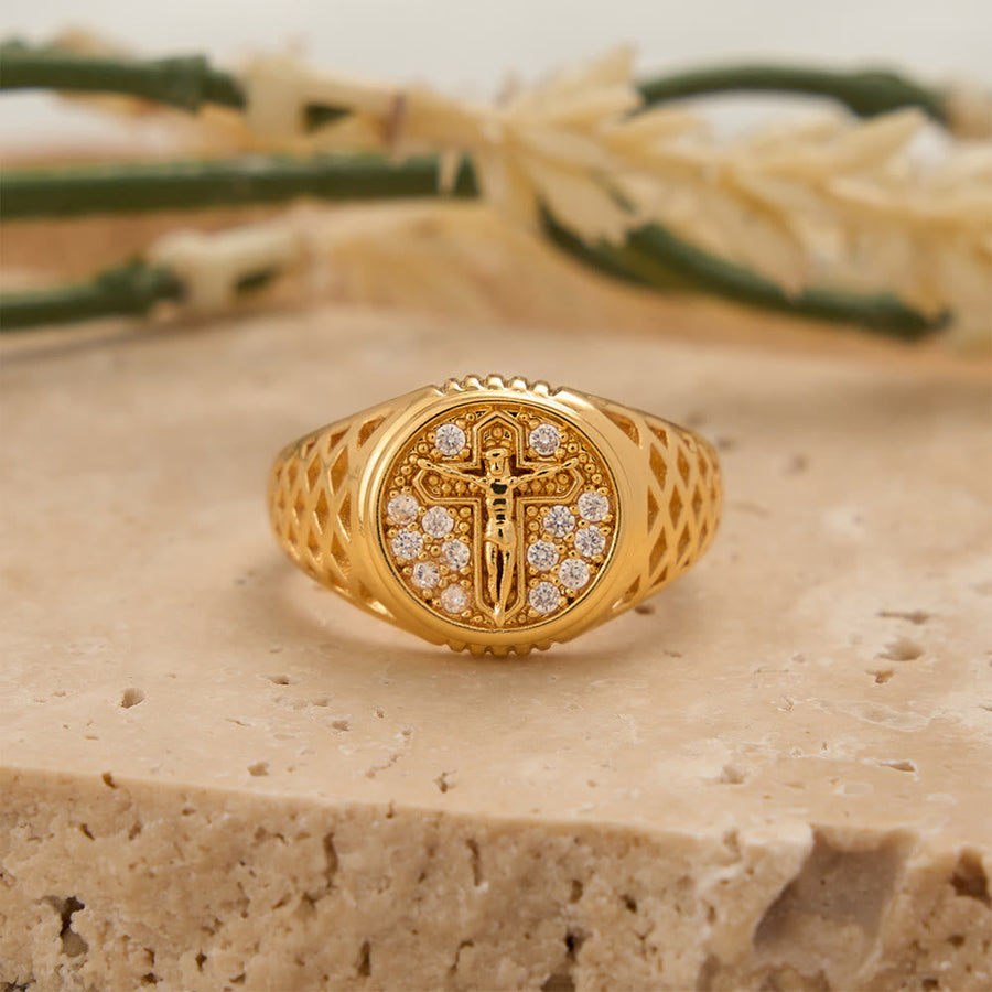 Oval Bezel Pave Zircon Crucifix Signet Ring with Lattice Hollow Band: A Symbol of Redemptive Sacred Grace