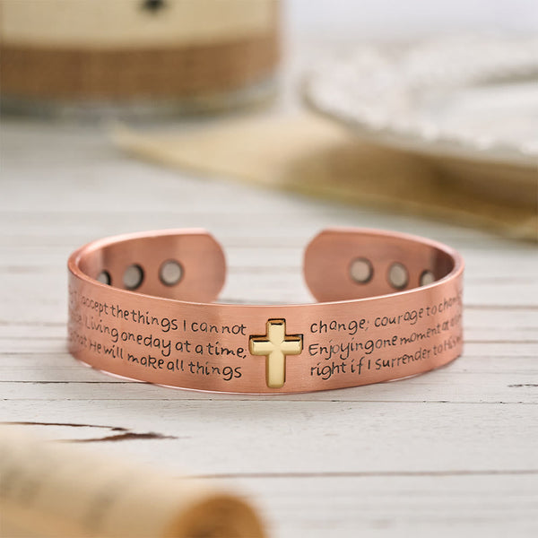 Serenity Prayer Engraved Copper Cuff Bracelet with Gold Inlaid Cross: A Symbol of Peaceful Surrender