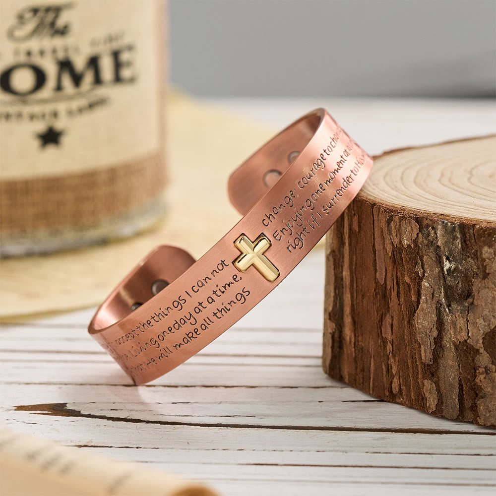 Serenity Prayer Engraved Copper Cuff Bracelet with Gold Inlaid Cross: A Symbol of Peaceful Surrender