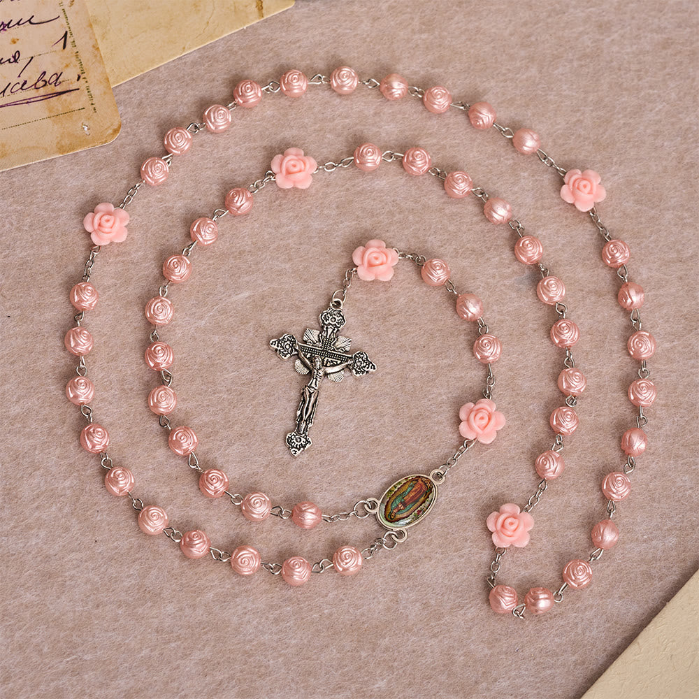Glossy Rose Embossed Bead Rosary with 3D Floral Accent, Our Lady Enamel Medal & Antique Crucifix