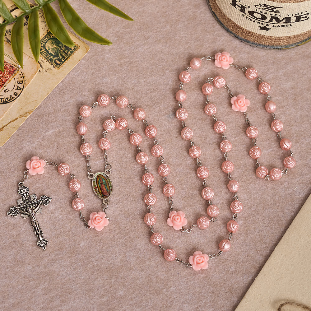 Glossy Rose Embossed Bead Rosary with 3D Floral Accent, Our Lady Enamel Medal & Antique Crucifix