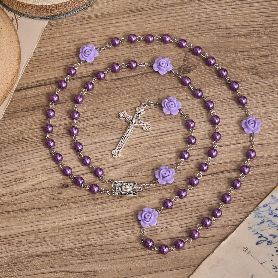 Smooth Pearl-Style Round Bead Rosary with Rose Ornament & Vintage Virgin Mary Center Charm
