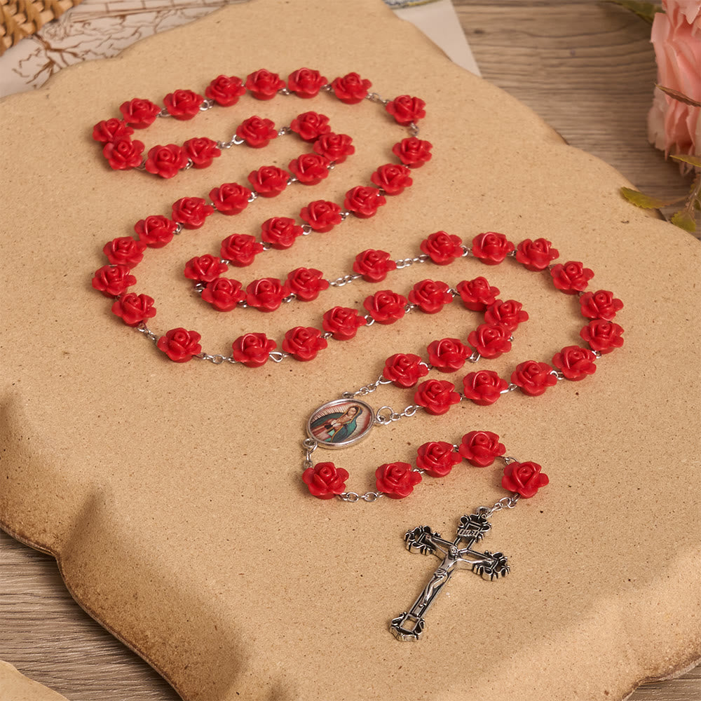 Elegant Red Rose Bloom Bead Our Lady Enamel Medal Crucifix Rosary