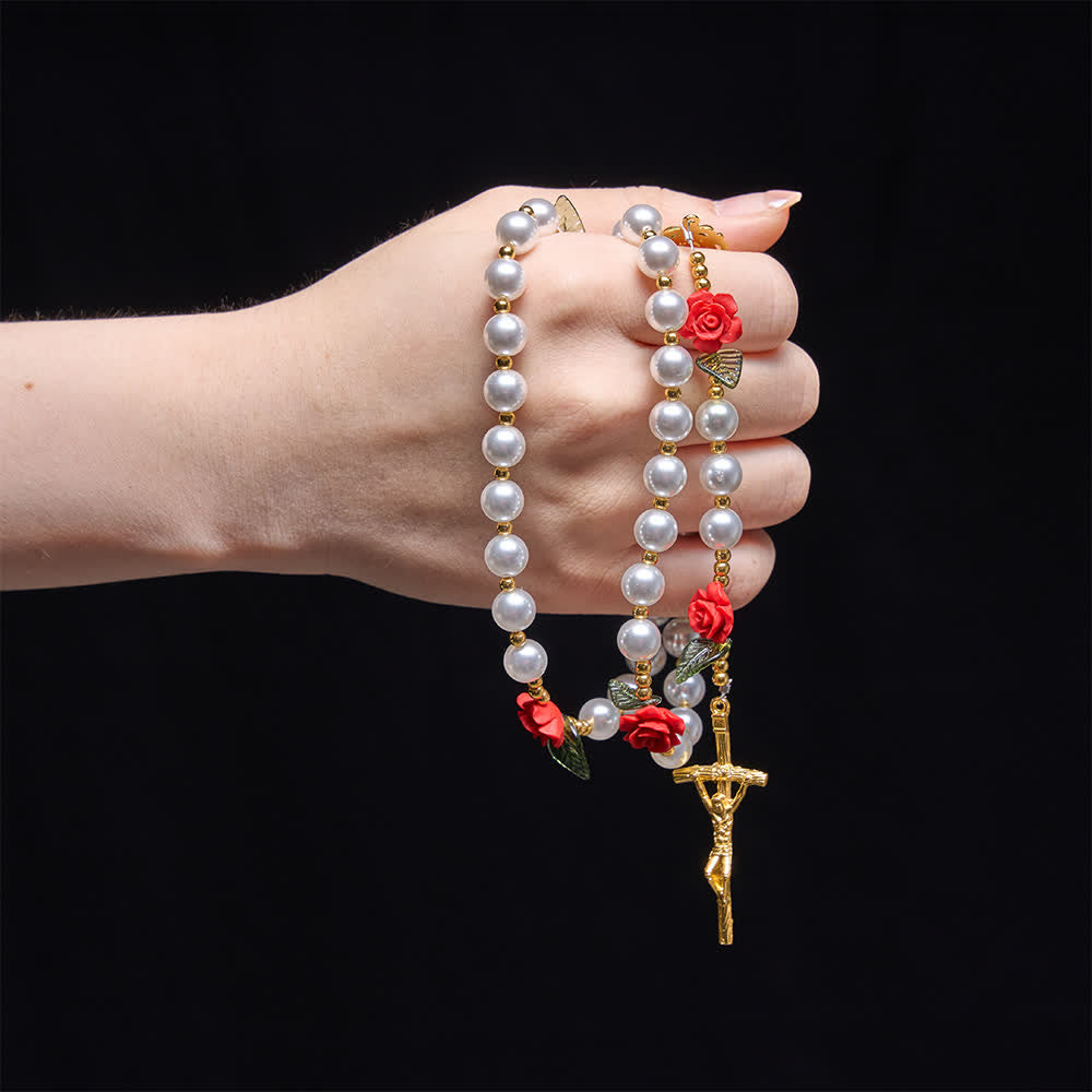 Classic Ivory & Red Rose Rosary: Soft Elegant Marian Devotion