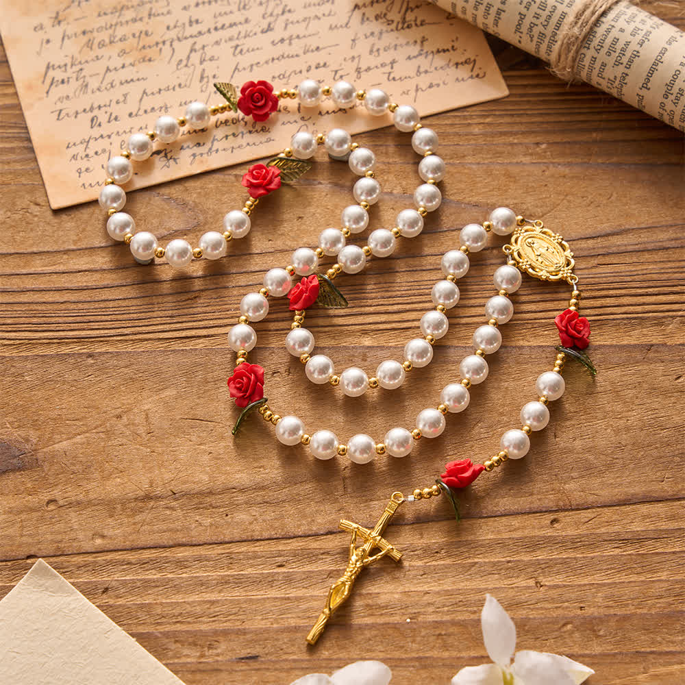 Classic Ivory & Red Rose Rosary: Soft Elegant Marian Devotion