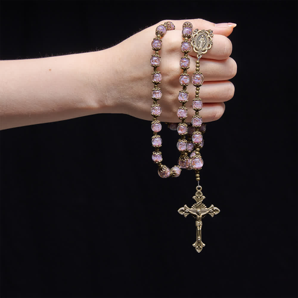 Lavender Shimmer Bead Catholic Rosary with Our Lady Medal & Crucifix