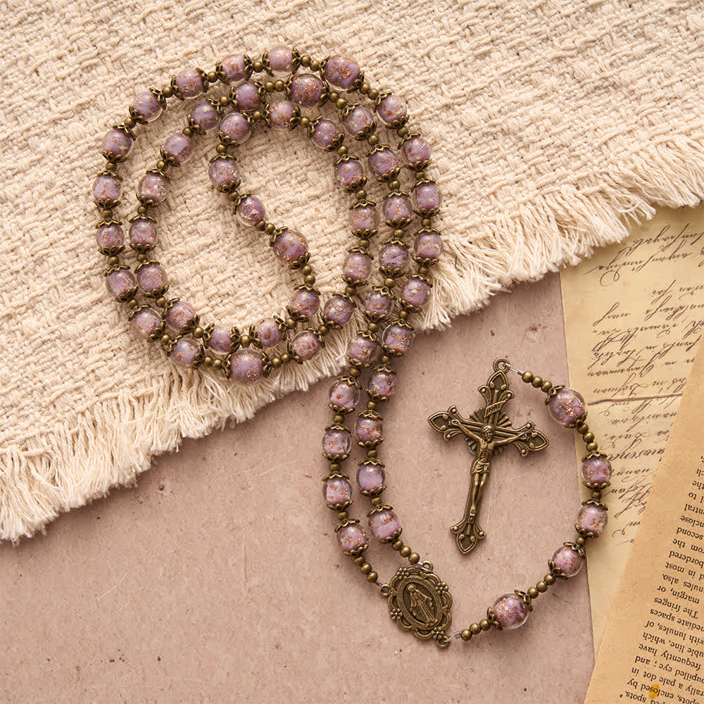 Lavender Shimmer Bead Catholic Rosary with Our Lady Medal & Crucifix