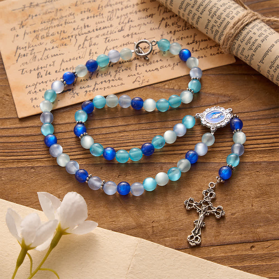 Tri-Color Blue Frosted Bead Our Lady Rosary Necklace with OT Clasp: Daily Wear Devotion