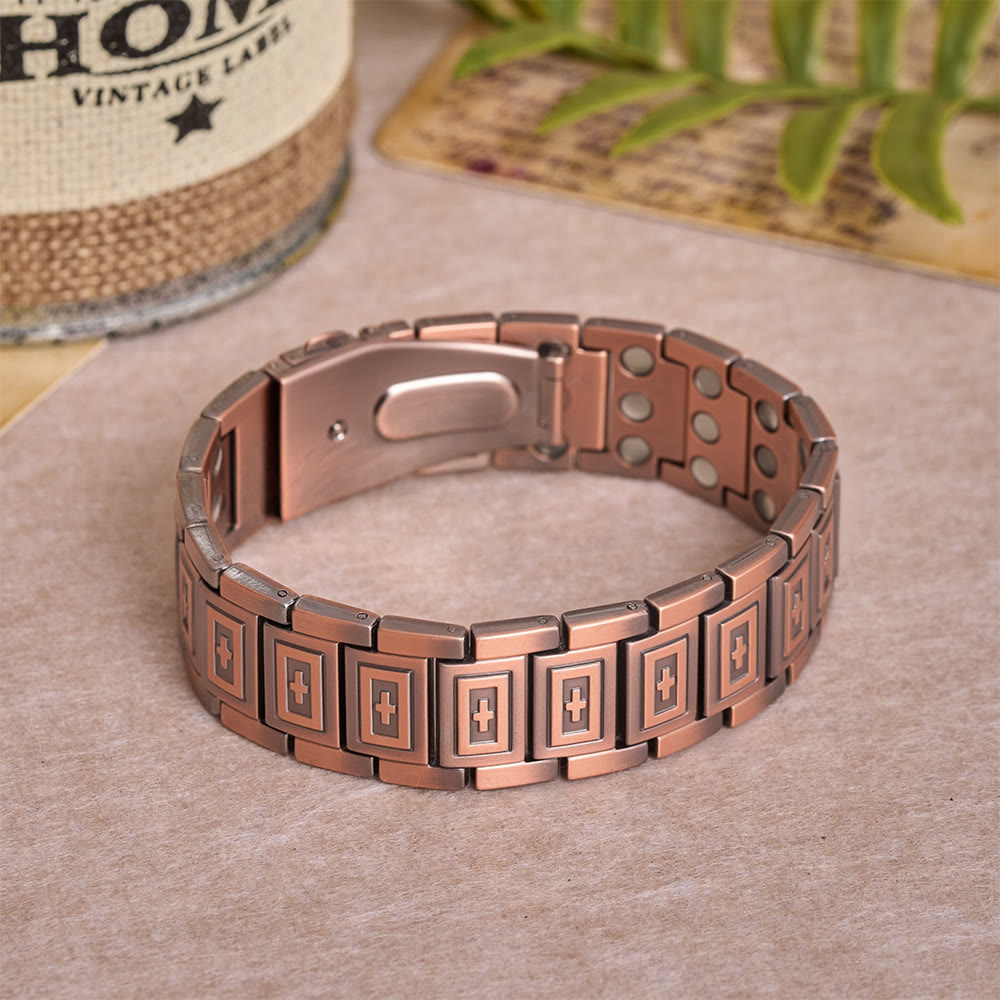 Watch-Band Style Link Bracelet with Recessed Embossed Cross on Each Rectangular Link