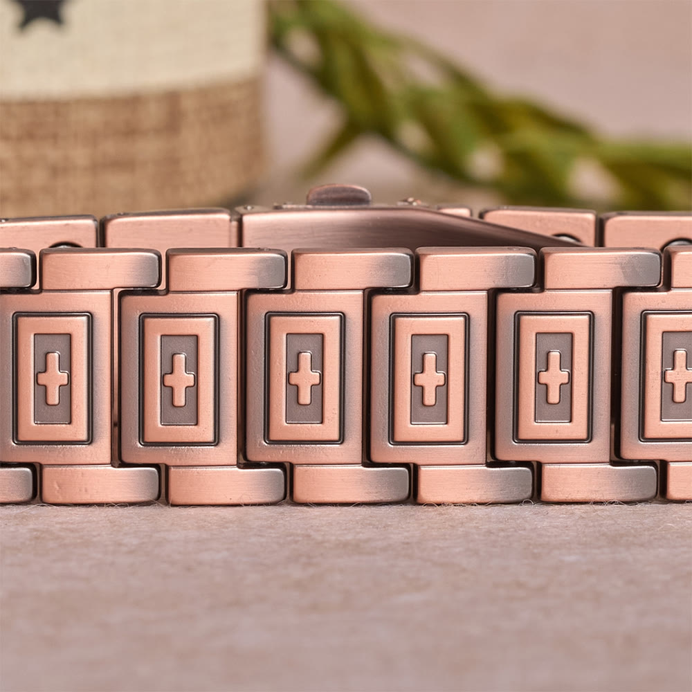Watch-Band Style Link Bracelet with Recessed Embossed Cross on Each Rectangular Link