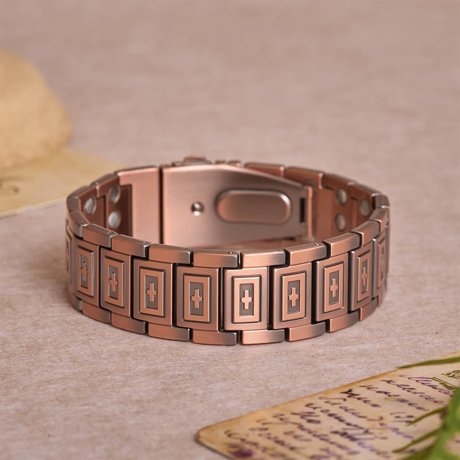 Watch-Band Style Link Bracelet with Recessed Embossed Cross on Each Rectangular Link