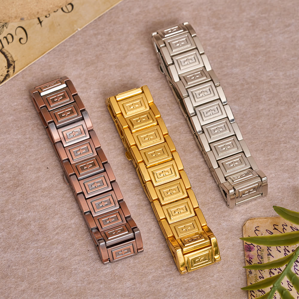Watch-Band Style Link Bracelet with Recessed Embossed Cross on Each Rectangular Link