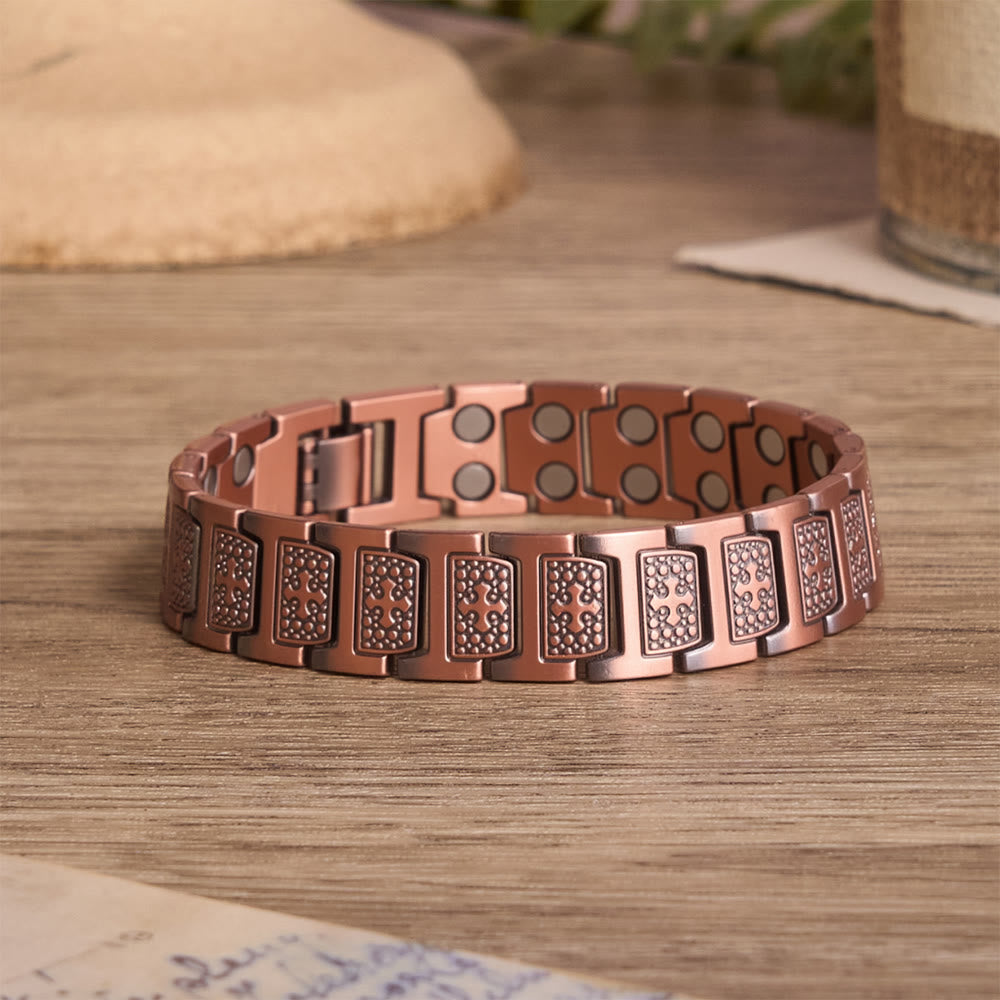 Rectangular Solid Link Bracelet with Bubble Bead Framed Cross Engraving & Foldable Adjustable Clasp