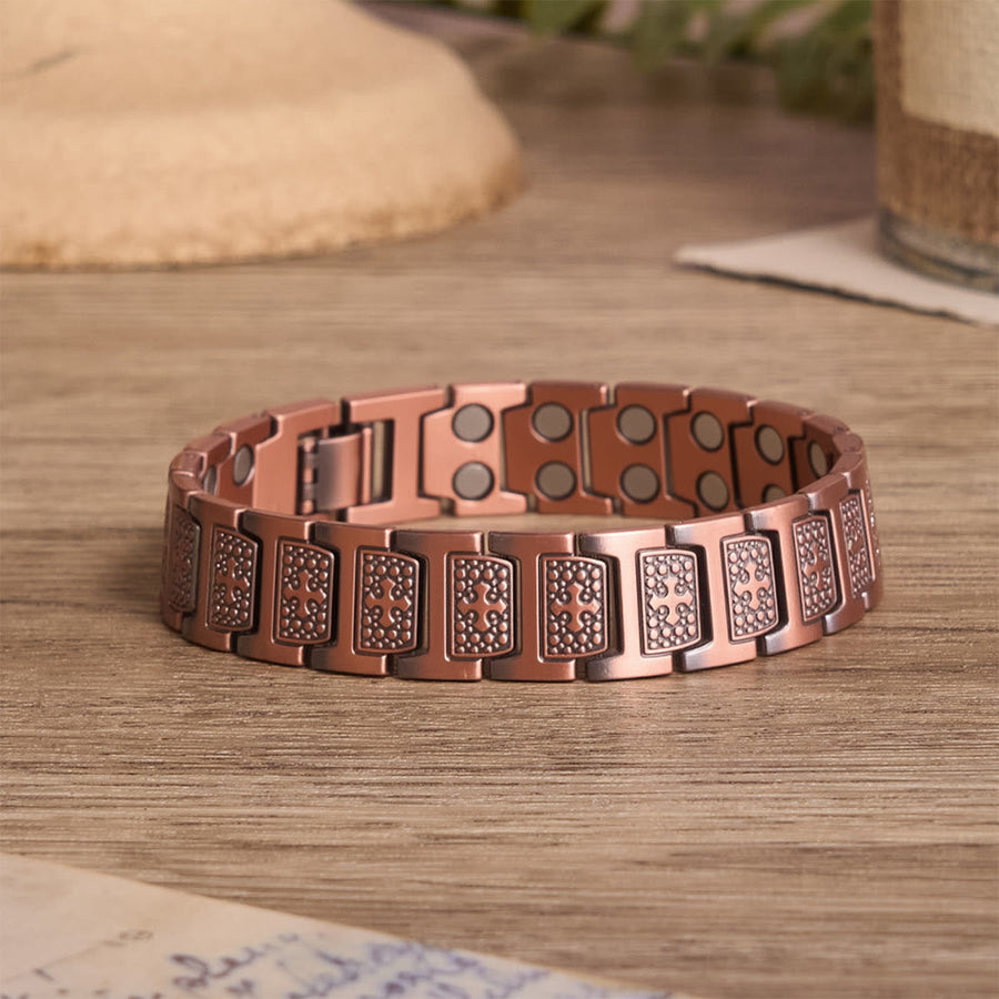 Rectangular Solid Link Bracelet with Bubble Bead Framed Cross Engraving & Foldable Adjustable Clasp