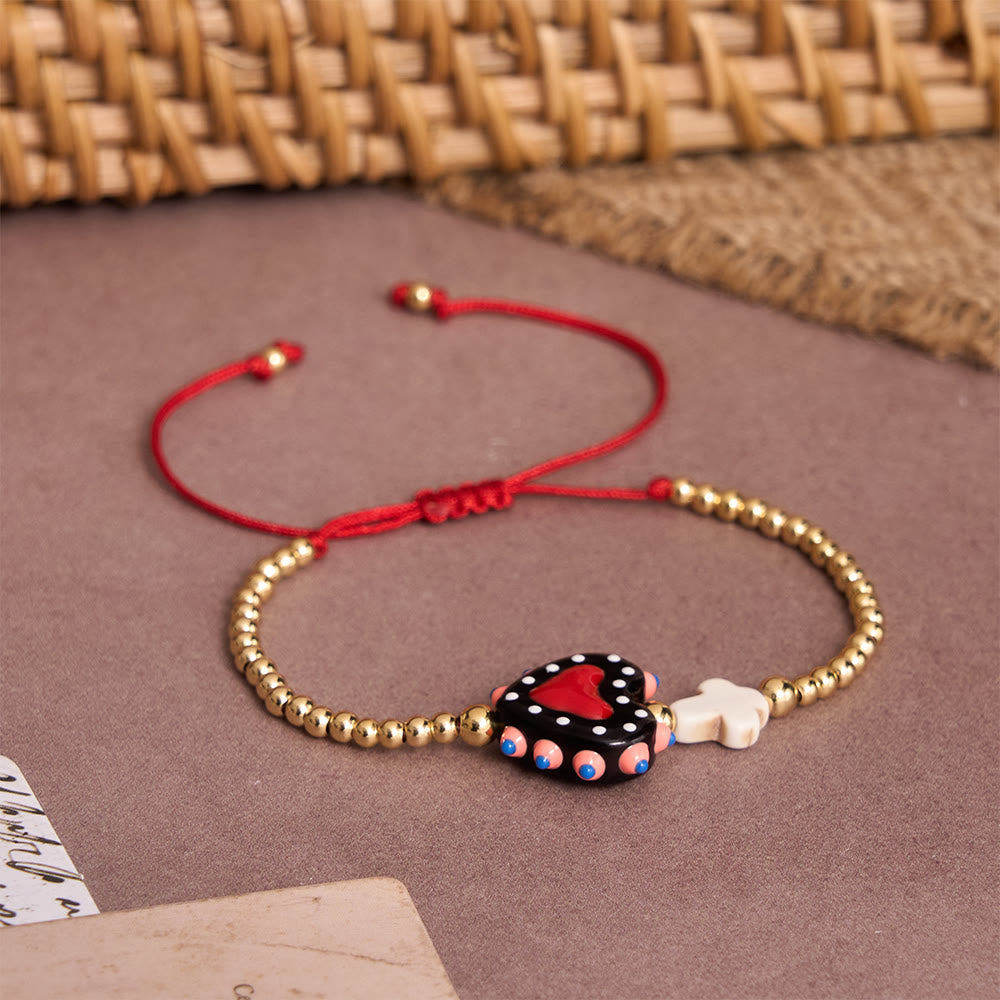 Cartoon Style Hand-Decorated Sacred Heart & Tiny Cross Accent Gold Bead Adjustable Cord Bracelet