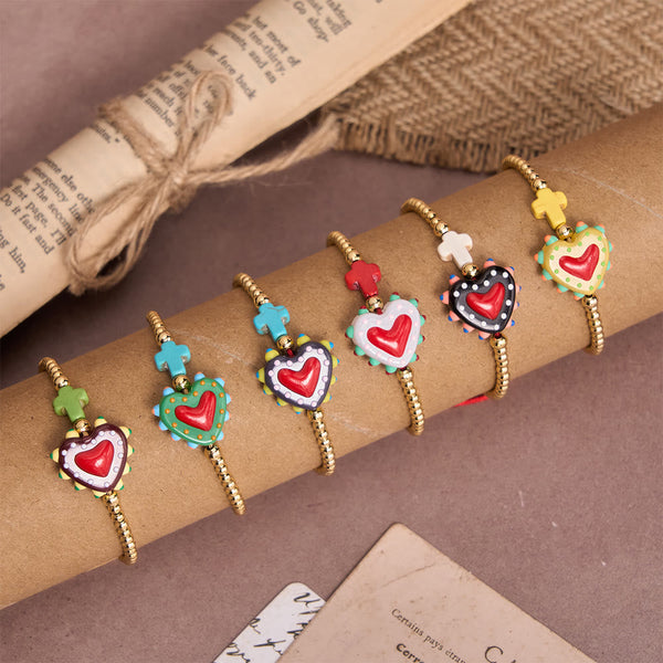 Cartoon Style Hand-Decorated Sacred Heart & Tiny Cross Accent Gold Bead Adjustable Cord Bracelet