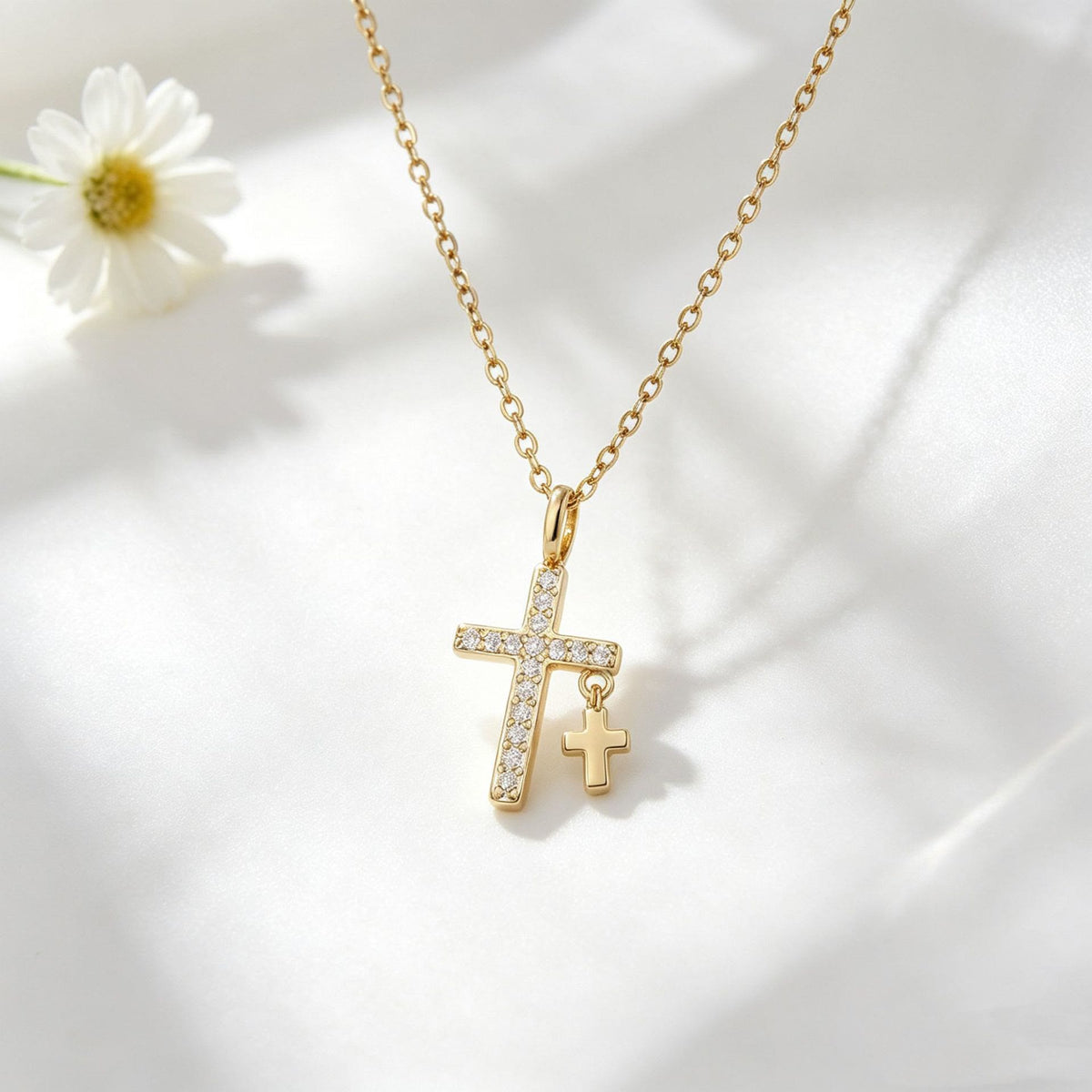 Pave Zircon Inlaid Large Cross Pendant with Solid Mini Dangling Cross & Classic Cable Chain Necklace
