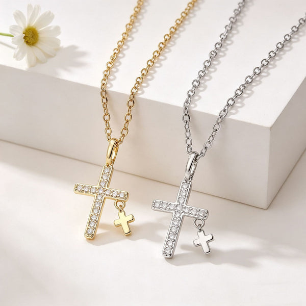 Pave Zircon Inlaid Large Cross Pendant with Solid Mini Dangling Cross & Classic Cable Chain Necklace