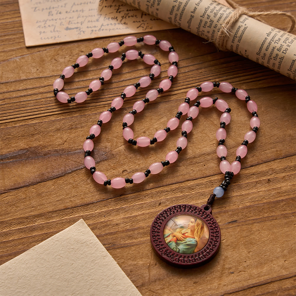 Carved Border Wood Frame Our Lady Printed Portrait Pendant Irregular Gem Bead Cord Necklace