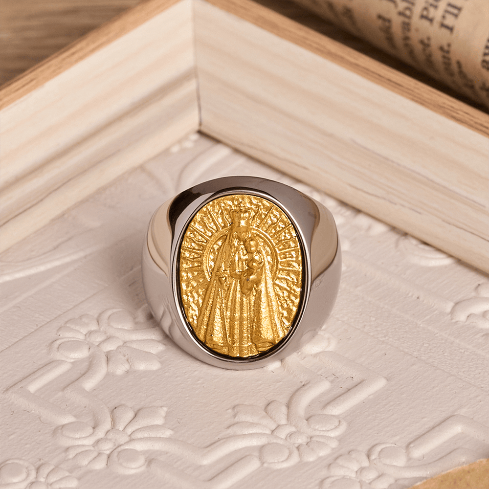 Two-Tone Bezel Oval Embossed Sacred Portrait Signet Ring: A Symbol of Gentle Heavenly Grace & Blessed Safeguard