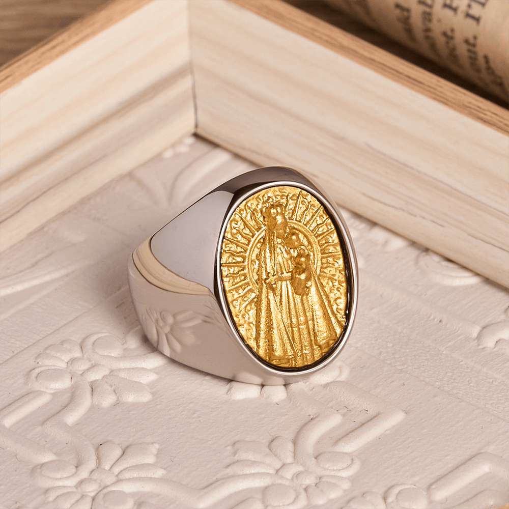 Two-Tone Bezel Oval Embossed Sacred Portrait Signet Ring: A Symbol of Gentle Heavenly Grace & Blessed Safeguard