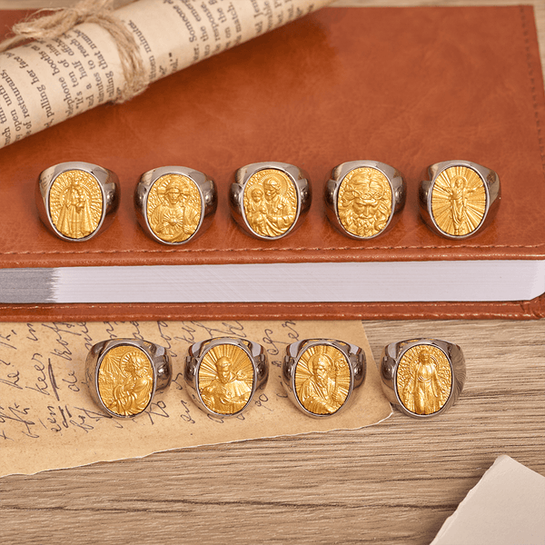 Two-Tone Bezel Oval Embossed Sacred Portrait Signet Ring: A Symbol of Gentle Heavenly Grace & Blessed Safeguard