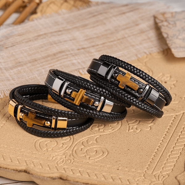Dual-Cord Braided Stitched Leather Bracelet with Polished Stone Cross & Dual Metal Side Bead Details