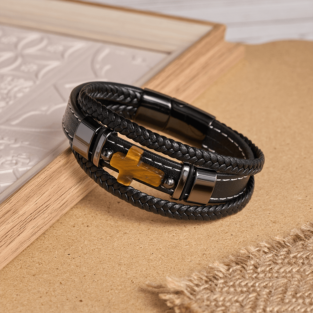 Dual-Cord Braided Stitched Leather Bracelet with Polished Stone Cross & Dual Metal Side Bead Details