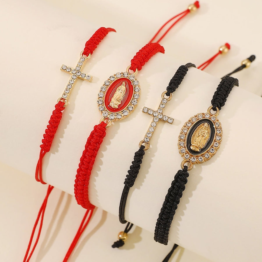 Dual Braided Cord Bracelet Set with Zircon-Encrusted Cross & Rhinestone Halo Our Lady Medal