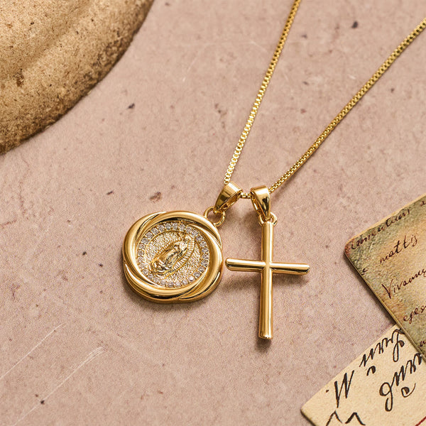 Double Pendant Necklace with Zircon-Encircled Our Lady Medallion & Polished Cross Charm