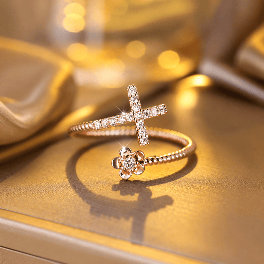 Open Cuff Ring with Pave Zircon Cross and Flower Zircon Accent: A Symbol of Tender Grace & Steadfast Sacred Faith