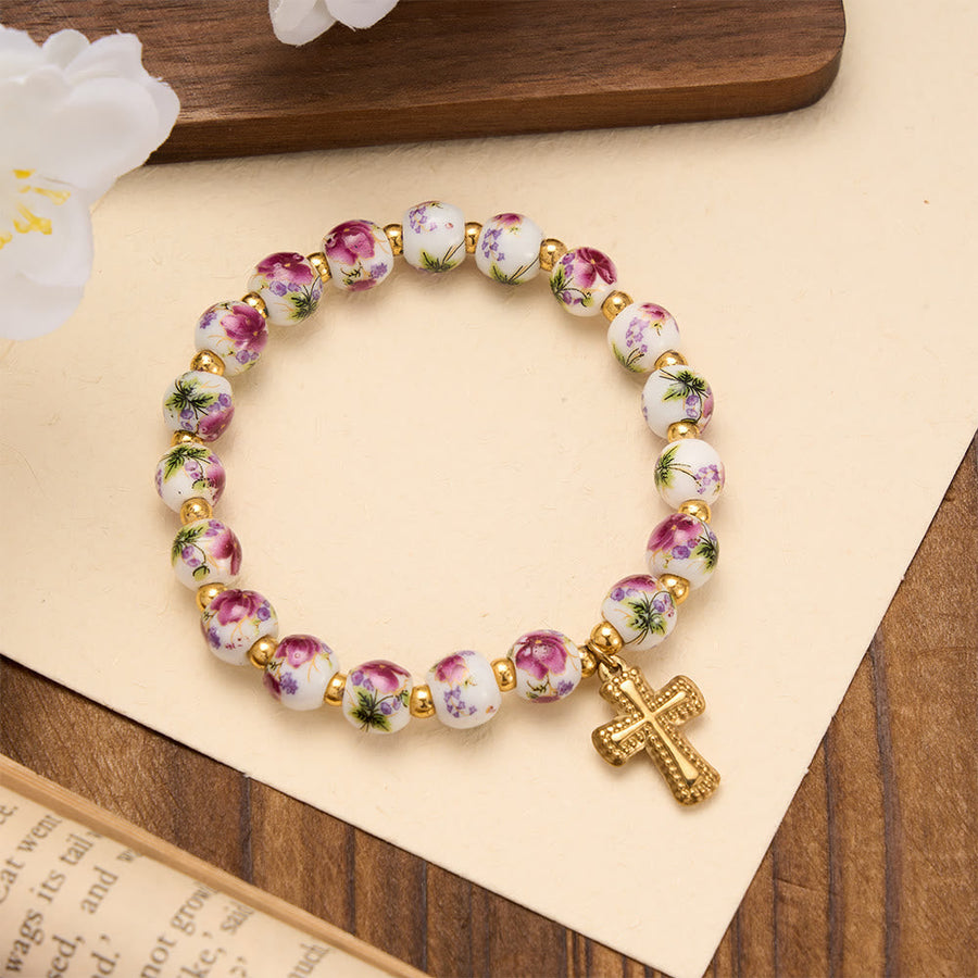 4-Style Floral Ceramic Bead Stretch Bracelet with Gold-Tone Cross Charm: A Symbol of Gentle Heavenly Grace