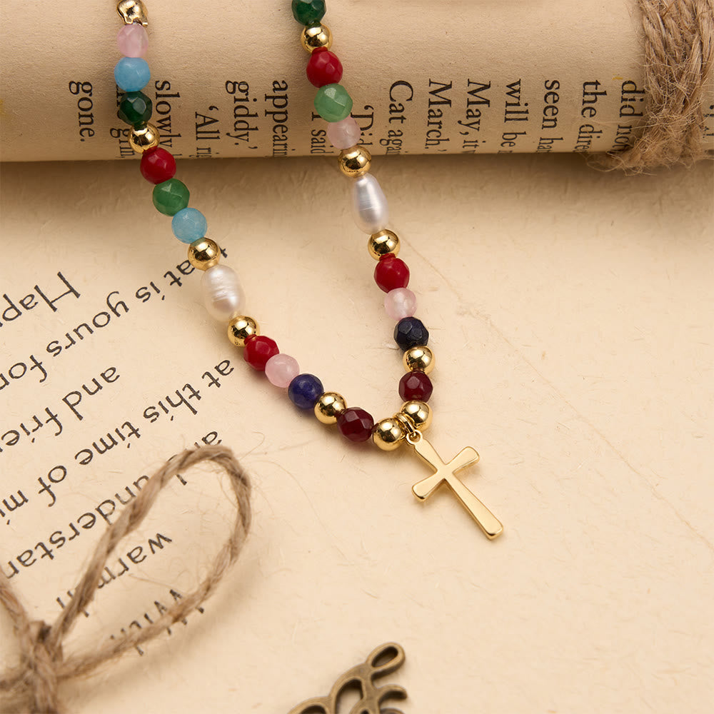 Colorful Beaded Necklace with Simple Cross Pendant: A Symbol of Vibrant Sacred Grace & Steadfast Faith