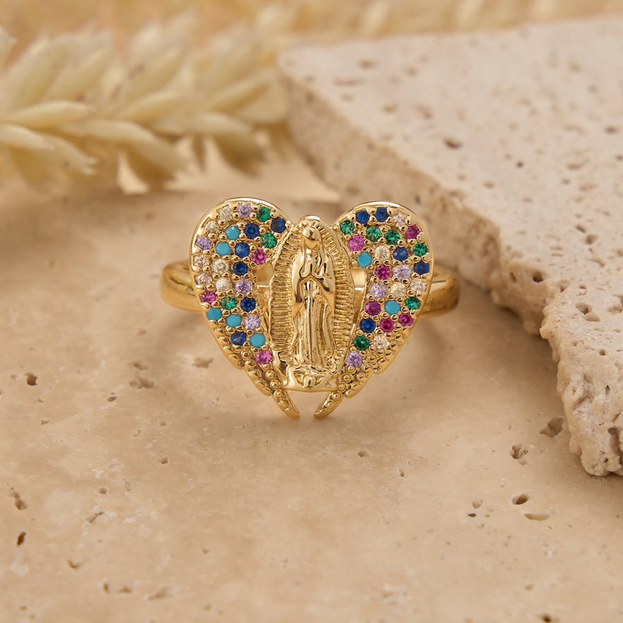 Adjustable Open Ring with Colorful Zircon Halo Our Lady of Guadalupe Charm: A Symbol of Tender Maternal Grace