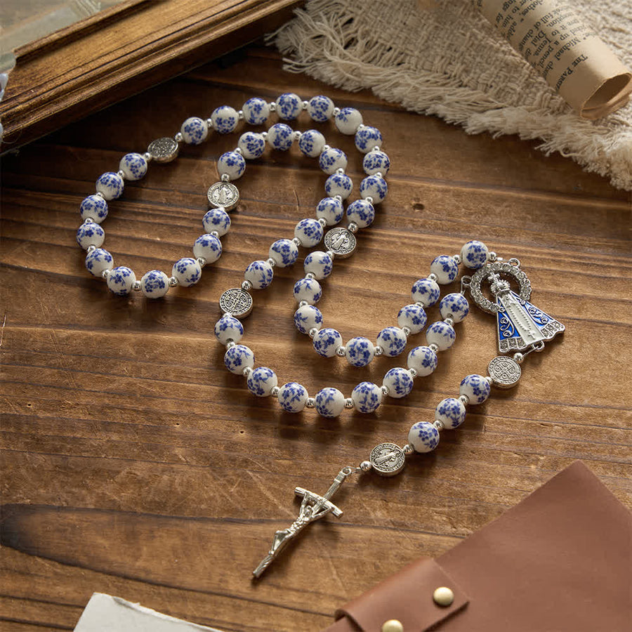 Blue & White Floral Ceramic Rosary with St. Benedict Medals & Our Lady