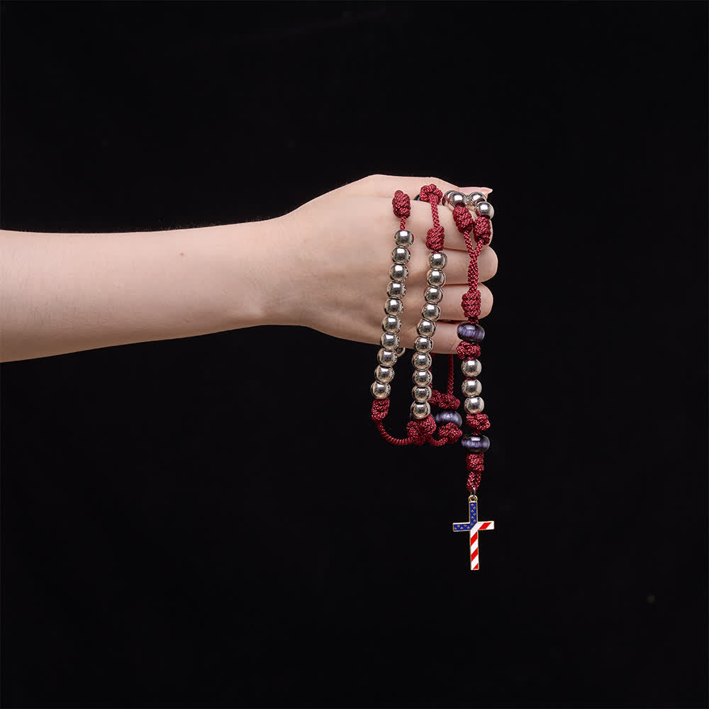 Rustic Patriotic Paracord Rosary with US Flag Cross, God & Country Always