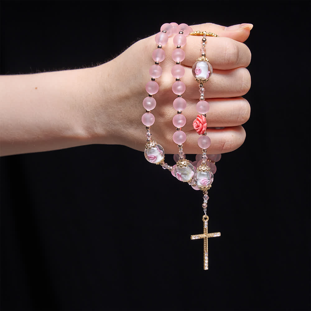 Soft Matte Pink Rosary with Delicate Rose Glass & St. Benedict Devotion