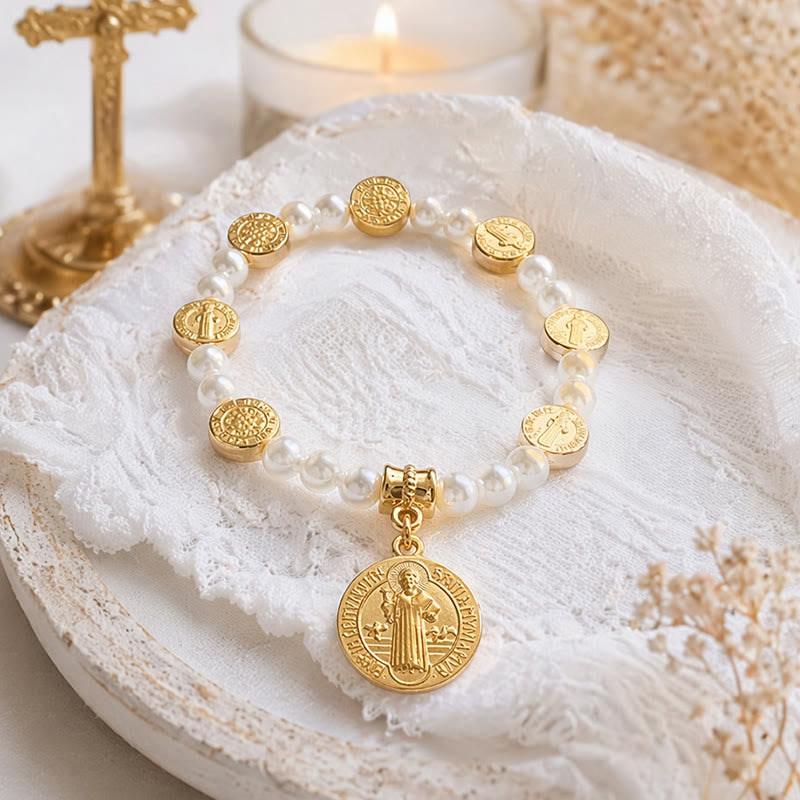 2-Colored Engraved Saint Benedict Medal Stretch Beaded Bracelet: A Symbol of Sacred Protection