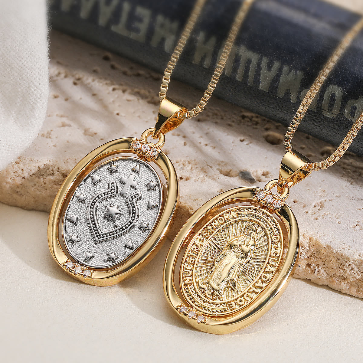 Reversible Spinning Oval Pendant Necklace with Our Lady of Guadalupe & Sacred Heart Designs
