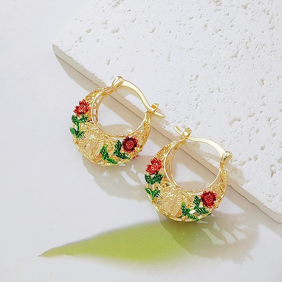 Delicate Filigree Hoop Earrings with Our Lady of Guadalupe & Enameled Rose Motifs: A Reminder of Divine Mercy